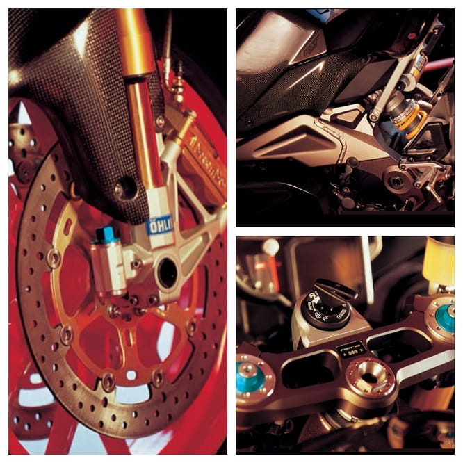 Titanium gold paint, forged magnesium OZ wheels featuring titanium nuts and bolts. All part of the 1.9kg weight saving.